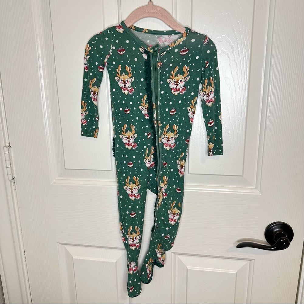 Ruffle Butts Dark Green Rudolph Snowball Ruffle Footie Pajama Sz 6-12M Christmas